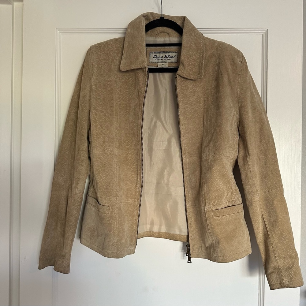 Vintage Y2K Tan Leather Jacket with Zipper and fitted style 90s women’s Medium
